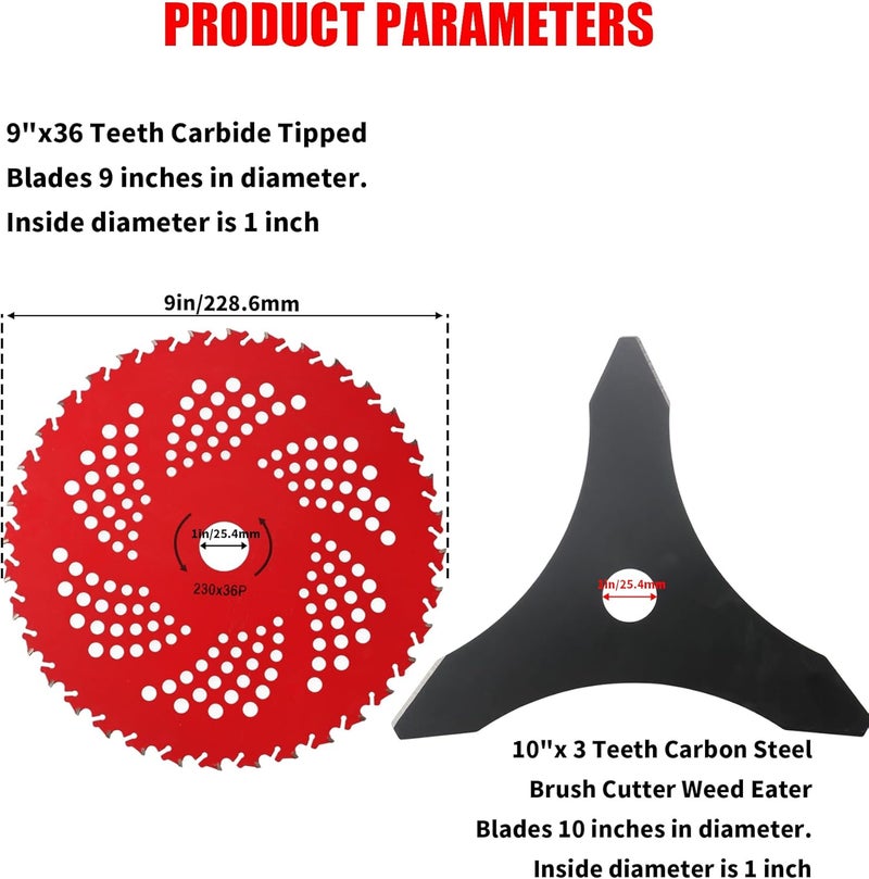 Azushwer 10"x 3 Teeth Carbon Steel Brush Cutter Weed Eater Blades & 9"x 36 Teeth Carbide Tipped Blades with Universal Adapter Kit Compatible with Brush Cutter, Trimmer, Weed Eater, Husqvarna Stihl Ego - Image 2